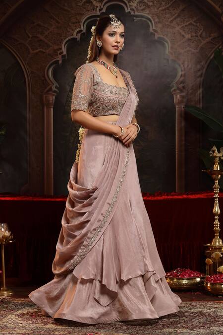 Miku Kumar_Lilac Tissue, Organza Embroidery Square Neck Hand Lehenga Set _at_Aza_Fashions