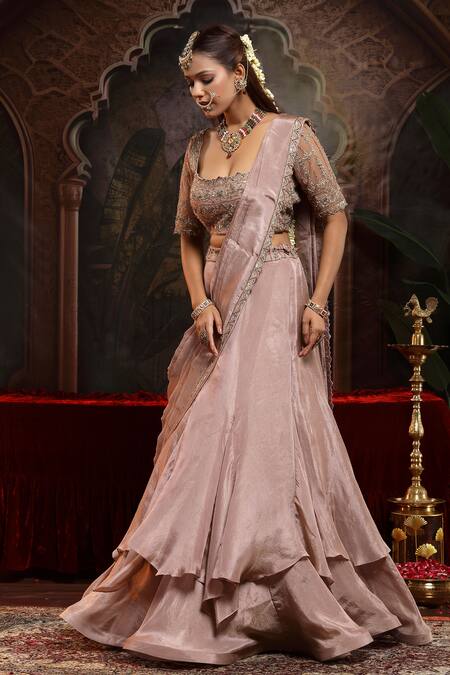 Buy_Miku Kumar_Lilac Tissue, Organza Embroidery Square Neck Hand Lehenga Set 