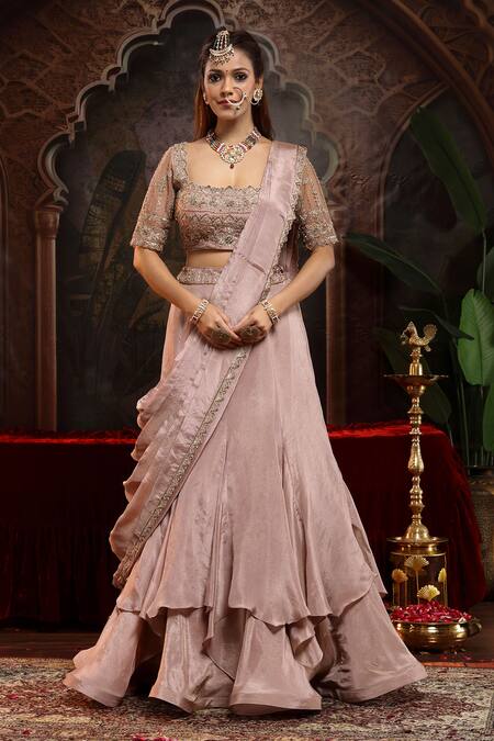 Shop_Miku Kumar_Lilac Tissue, Organza Embroidery Square Neck Hand Lehenga Set 