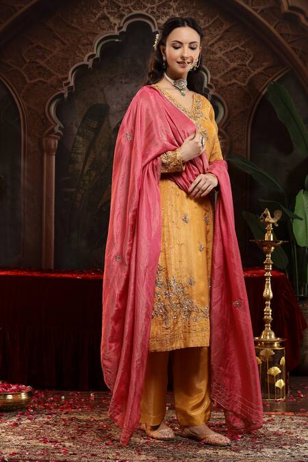 Buy_Miku Kumar_Yellow Tissue, Organza Embroidery V-neck Hand Vanya Suit Set _Online_at_Aza_Fashions