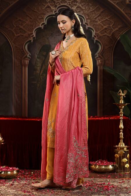 Shop_Miku Kumar_Yellow Tissue, Organza Embroidery V-neck Hand Vanya Suit Set _Online_at_Aza_Fashions