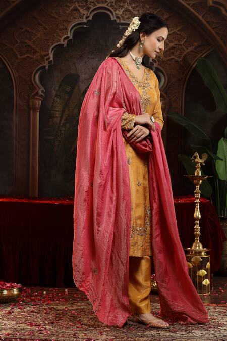 Miku Kumar_Yellow Tissue, Organza Embroidery V-neck Hand Vanya Suit Set _at_Aza_Fashions