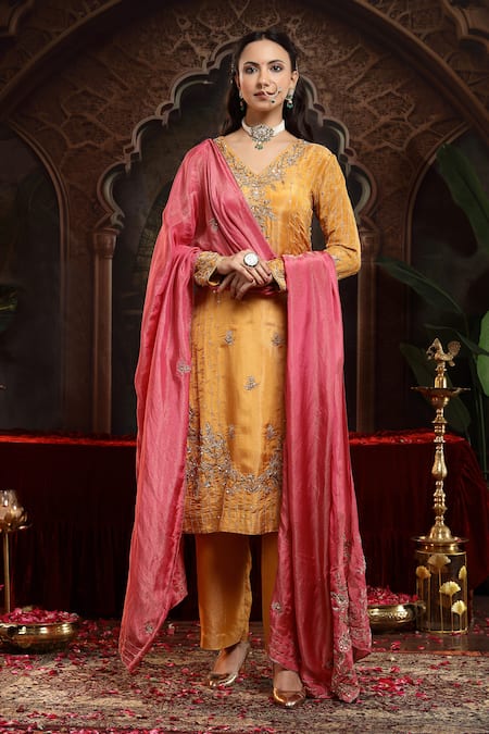 Miku Kumar Yellow Hand Embroidered Vanya Suit Set 