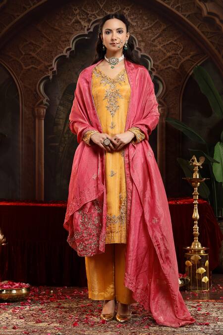 Buy_Miku Kumar_Yellow Tissue, Organza Embroidery V-neck Hand Vanya Suit Set 
