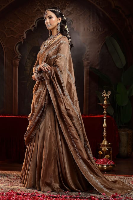 Shop_Miku Kumar_Brown Tissue, Organza Embroidery Scoop Neck Amara Copper Lehenga Set _Online_at_Aza_Fashions