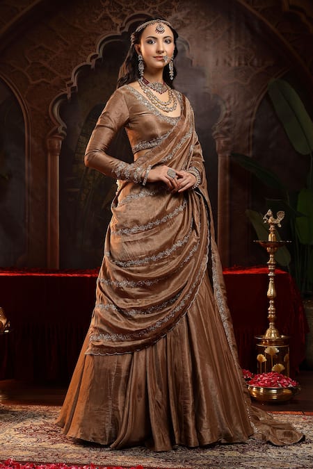 Miku Kumar_Brown Tissue, Organza Embroidery Scoop Neck Amara Copper Lehenga Set _at_Aza_Fashions