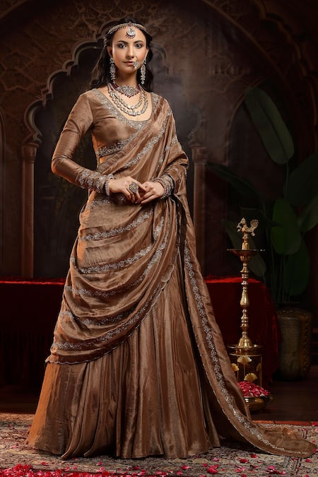 Miku Kumar Brown Tissue, Organza Embroidery Scoop Neck Amara Copper Lehenga Set 