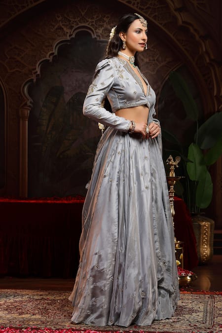 Shop_Miku Kumar_Gray Tissue, Organza Embroidery V-neck Saanjh Jacket Lehenga Set _Online_at_Aza_Fashions