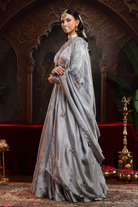 Miku Kumar_Gray Tissue, Organza Embroidery V-neck Saanjh Jacket Lehenga Set _at_Aza_Fashions