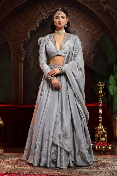 Miku Kumar Gray Tissue, Organza Embroidery V-neck Saanjh Jacket Lehenga Set 