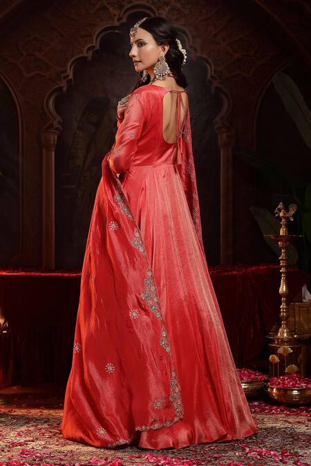 Shop_Miku Kumar_Red Tissue, Organza Embroidery V-neck Shanaya Anarkali Set _Online_at_Aza_Fashions