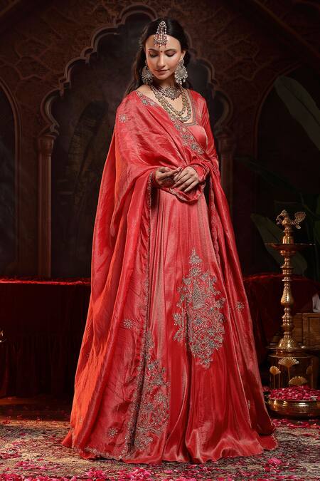 Buy_Miku Kumar_Red Tissue, Organza Embroidery V-neck Shanaya Anarkali Set 