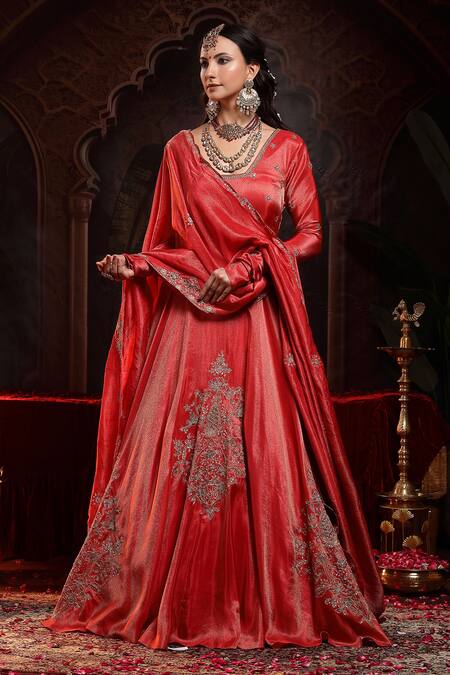 Shop_Miku Kumar_Red Tissue, Organza Embroidery V-neck Shanaya Anarkali Set 