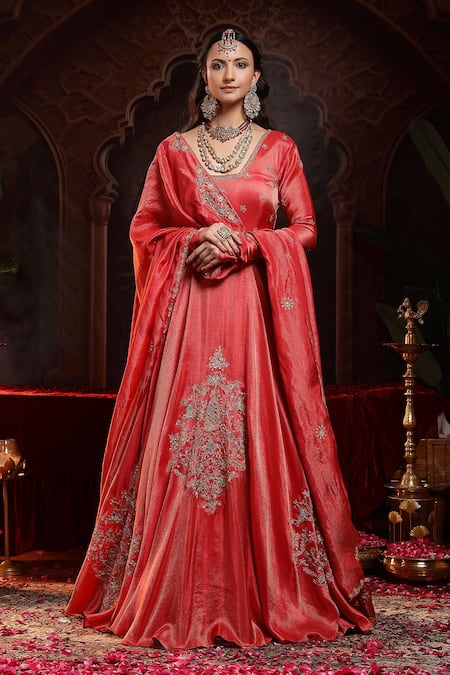 Miku Kumar Red Tissue, Organza Embroidery V-neck Shanaya Anarkali Set 
