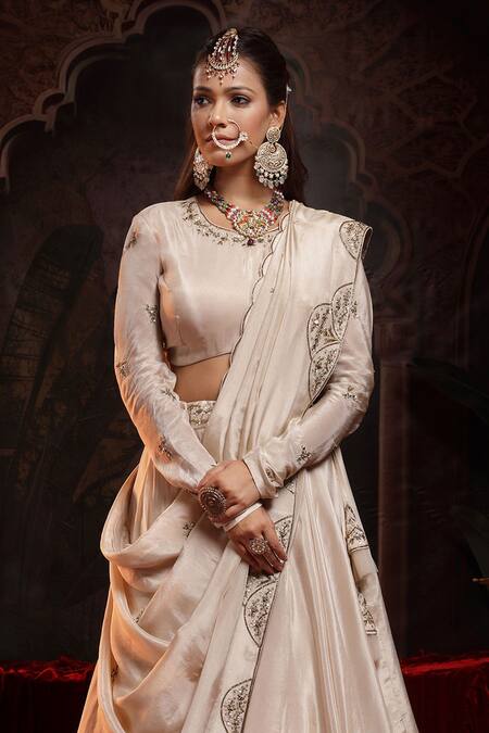 Buy_Miku Kumar_Ivory Tissue, Organza Embroidery Round Neck Nihar Lehenga Set _Online_at_Aza_Fashions