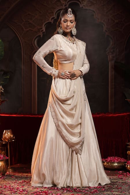 Shop_Miku Kumar_Ivory Tissue, Organza Embroidery Round Neck Nihar Lehenga Set _Online_at_Aza_Fashions