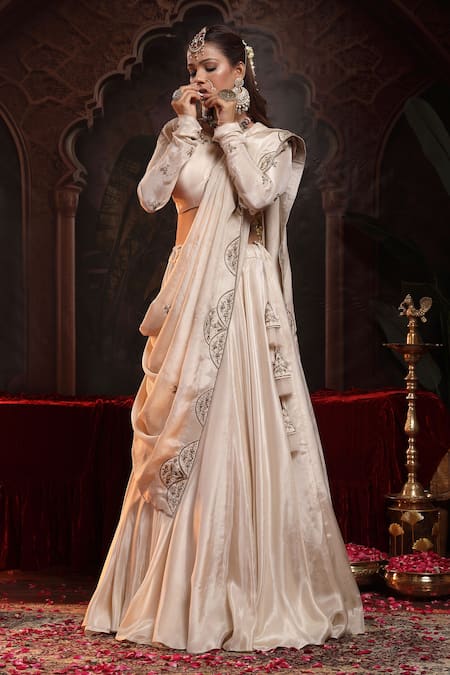 Miku Kumar_Ivory Tissue, Organza Embroidery Round Neck Nihar Lehenga Set _at_Aza_Fashions