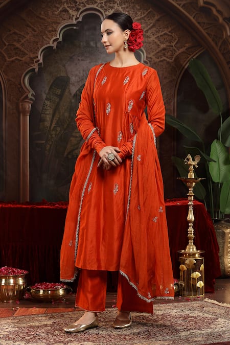 Miku Kumar Kanika Orange Chanderi Silk Suit Set 