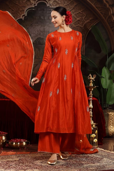 Shop_Miku Kumar_Orange Chanderi Silk Embroidery Round Neck Kanika Suit Set _Online_at_Aza_Fashions