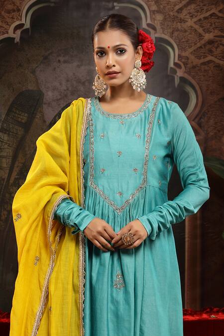 Buy_Miku Kumar_Turquoise Chanderi Silk Embroidery Round Neck Taruni Suit Set _Online_at_Aza_Fashions