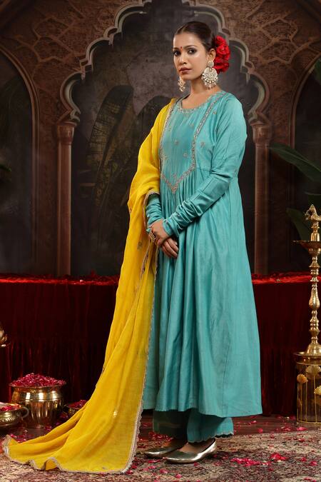 Shop_Miku Kumar_Turquoise Chanderi Silk Embroidery Round Neck Taruni Suit Set _Online_at_Aza_Fashions