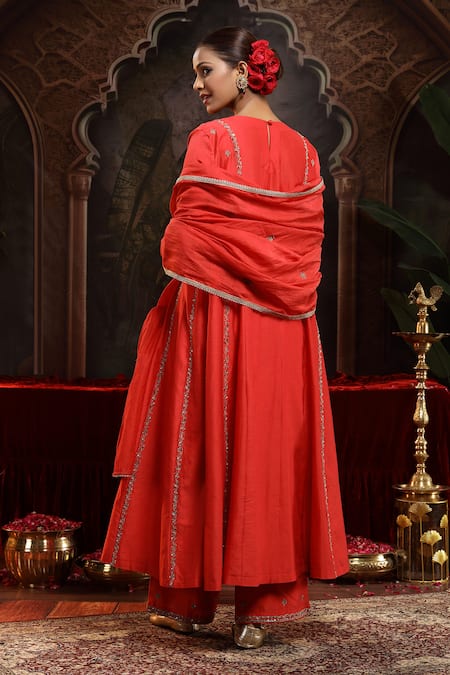 Miku Kumar Red Chanderi Silk Anarkali Suit Set 