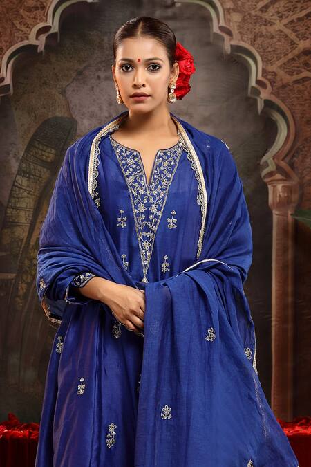 Miku Kumar_Blue Chanderi Silk Embroidery Round Neck Tanirika Suit Set _Online_at_Aza_Fashions
