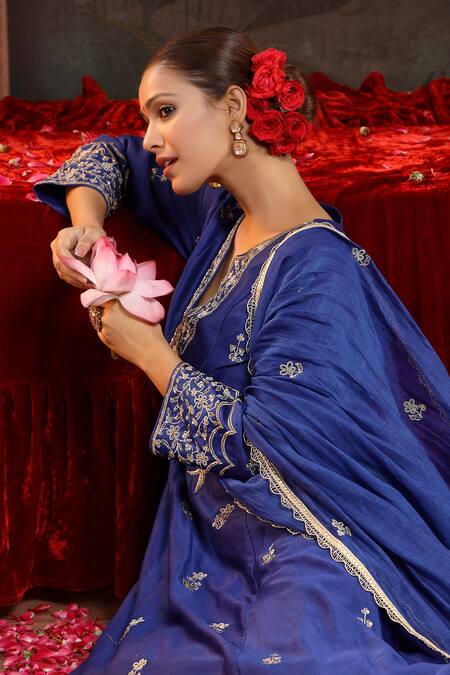 Shop_Miku Kumar_Blue Chanderi Silk Embroidery Round Neck Tanirika Suit Set _Online_at_Aza_Fashions