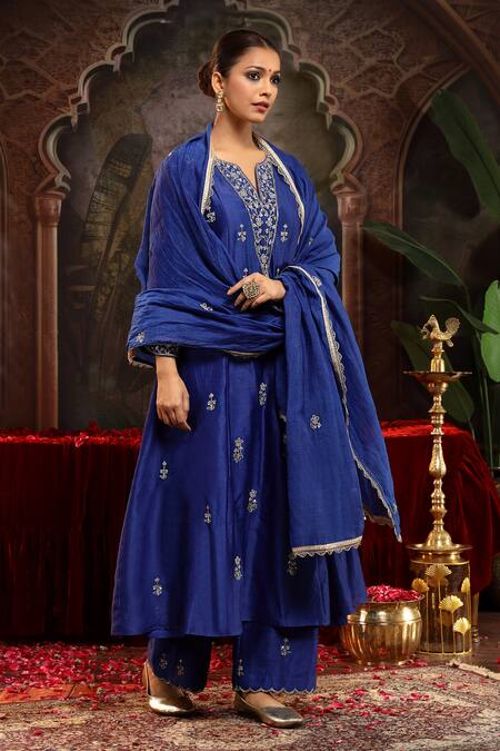 Miku Kumar_Blue Chanderi Silk Embroidery Round Neck Tanirika Suit Set _at_Aza_Fashions