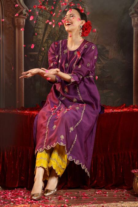 Buy_Miku Kumar_Purple Chanderi Silk Embroidery Round Neck Hand Suit Set _Online_at_Aza_Fashions