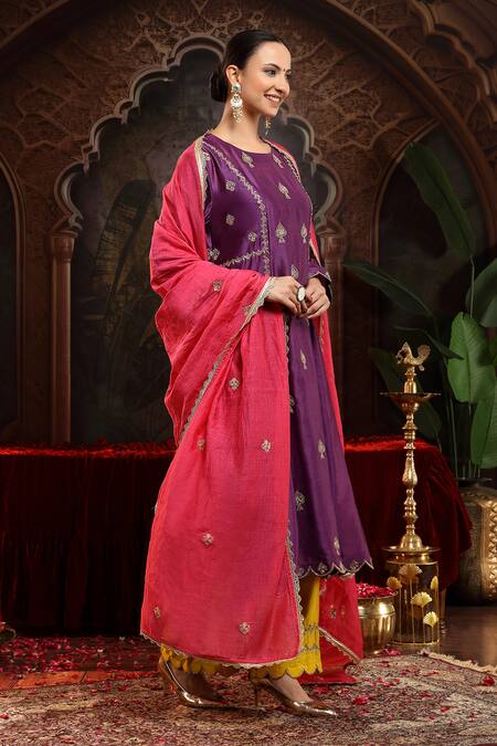Miku Kumar_Purple Chanderi Silk Embroidery Round Neck Hand Suit Set _at_Aza_Fashions