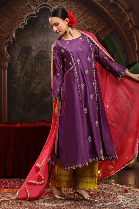 Shop_Miku Kumar_Purple Chanderi Silk Embroidery Round Neck Hand Suit Set 