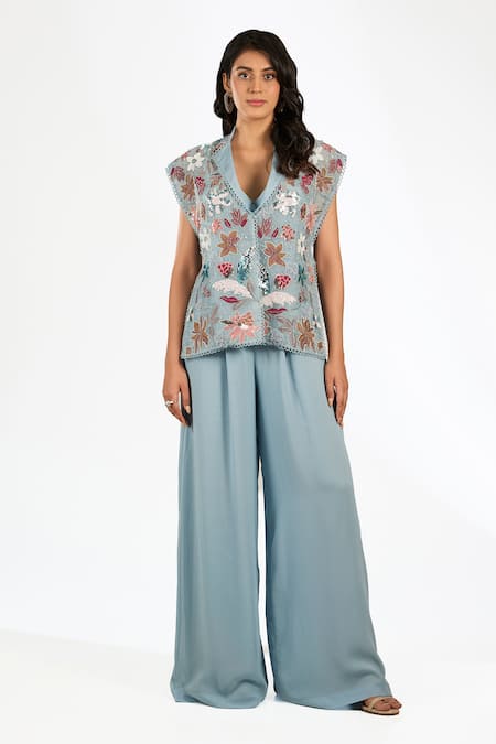Anjali Kanwar Aqua Georgette, Silk Organza Beads, Sequins Blue Beaded Jumpsuit And Jacket Set