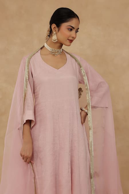 Buy_Charu Makkar_Blush Chanderi, Tissue, Organza V-neck Pink Kurta Set _Online_at_Aza_Fashions