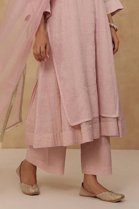 Shop_Charu Makkar_Blush Chanderi, Tissue, Organza V-neck Pink Kurta Set 