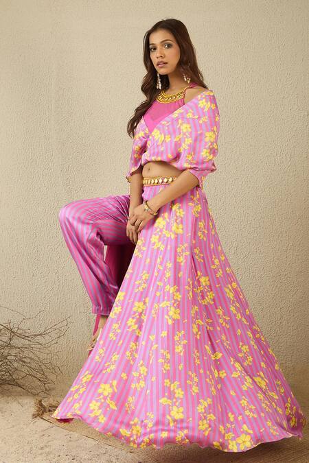 Label Nitika_Pink Modal, Net, Satin Beads Halter Neck, Purple And Floral Palazzo Set _at_Aza_Fashions
