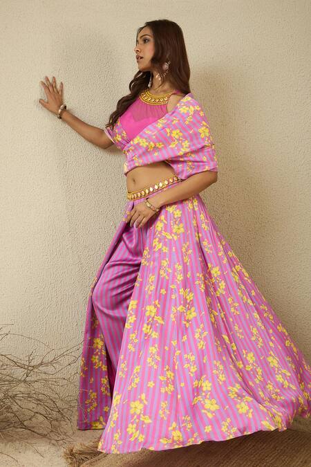 Buy_Label Nitika_Pink Modal, Net, Satin Beads Halter Neck, Purple And Floral Palazzo Set 