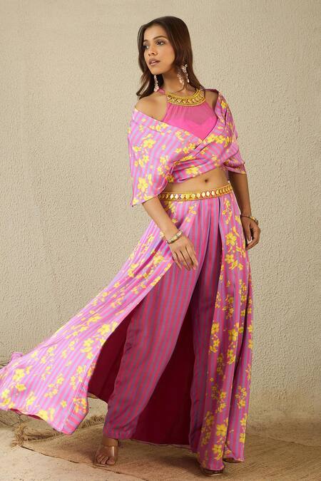 Shop_Label Nitika_Pink Modal, Net, Satin Beads Halter Neck, Purple And Floral Palazzo Set 