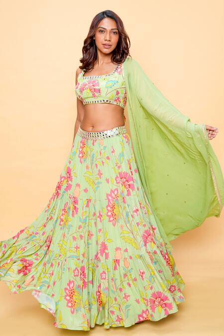 Shop_Sajeda A Lehry_Green Georgette Sequins, Embroidery Square Floral Printed Pista Lehenga Set _Online_at_Aza_Fashions