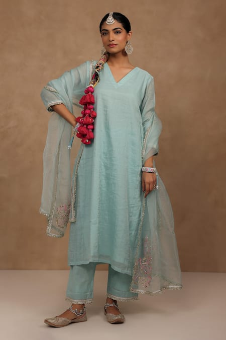 Charu Makkar Light Blue Tissue Chanderi Kurta Set 