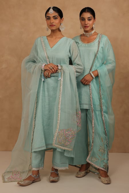 Charu Makkar_Blue Chanderi, Tissue, Organza Embroidery V-neck Light Kurta Set _Online_at_Aza_Fashions