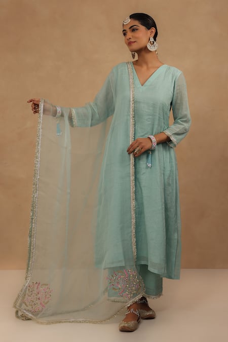 Shop_Charu Makkar_Blue Chanderi, Tissue, Organza Embroidery V-neck Light Kurta Set _Online_at_Aza_Fashions