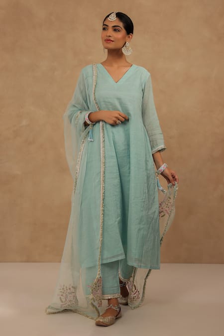 Shop_Charu Makkar_Blue Chanderi, Tissue, Organza Embroidery V-neck Light Kurta Set 