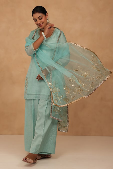 Charu Makkar_Blue Chanderi, Tissue, Organza Embroidery Round Neck Light Kurta Set _Online_at_Aza_Fashions