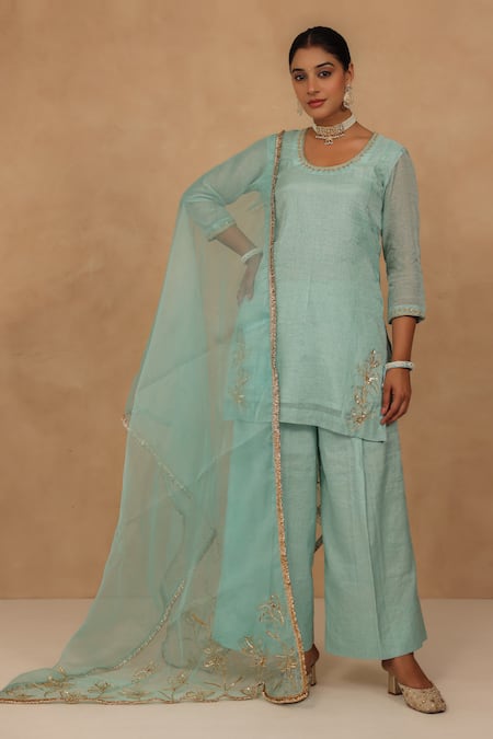 Buy_Charu Makkar_Blue Chanderi, Tissue, Organza Embroidery Round Neck Light Kurta Set _Online_at_Aza_Fashions