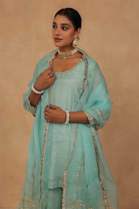 Shop_Charu Makkar_Blue Chanderi, Tissue, Organza Embroidery Round Neck Light Kurta Set _Online_at_Aza_Fashions