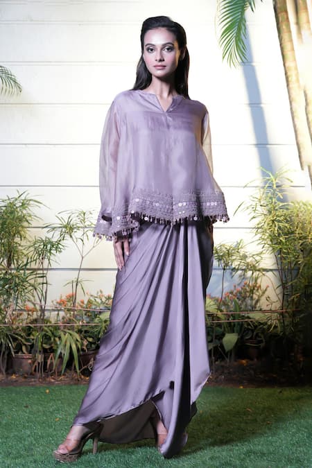Vara by Vibha n Priti Lilac Hand Embroidered Tunic & Skirt Set 