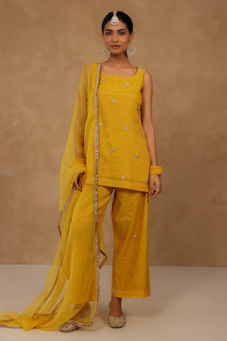 Charu Makkar Mustard Chanderi, Tissue, Organza Embroidery Round Neck Kurta Set 