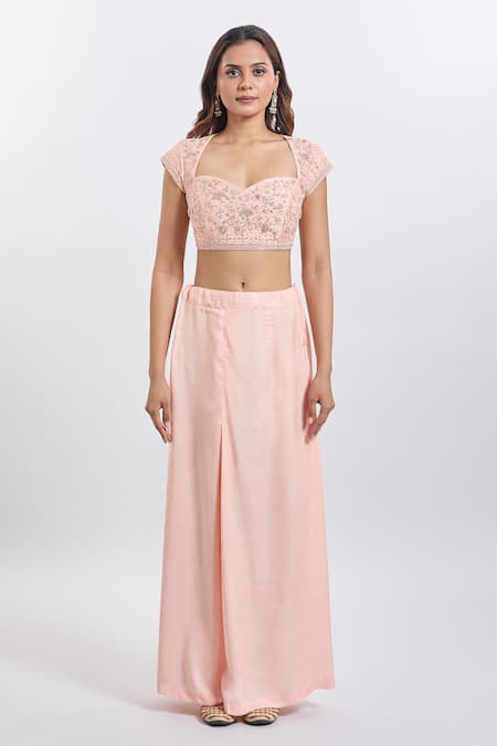 Shop_Sheetal Batra_Rose Gold Embroidery Sweetheart Neck Pink Mahila Saree Set _Online_at_Aza_Fashions