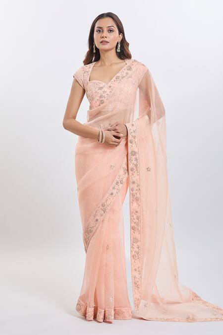 Buy_Sheetal Batra_Rose Gold Embroidery Sweetheart Neck Pink Mahila Saree Set _Online_at_Aza_Fashions
